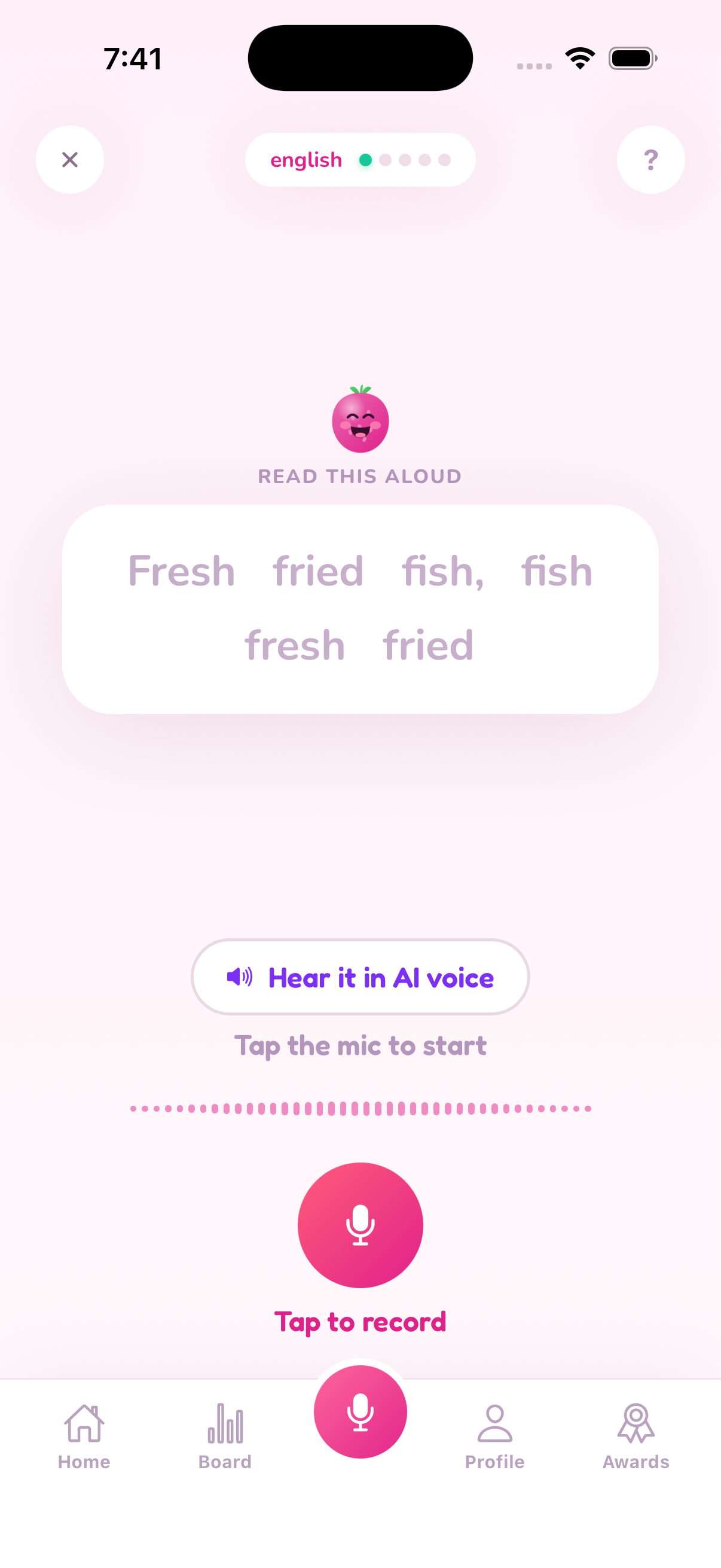 Berry Babble record screen showing a tongue twister and microphone control